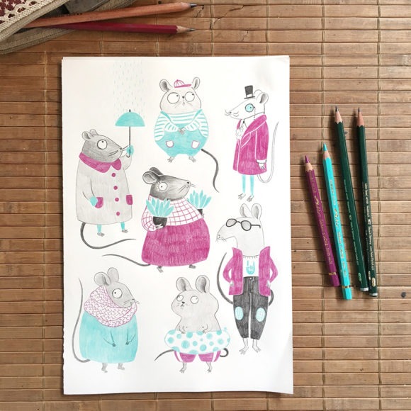 Diseño de personajes, personajes infantiles, personajes animales, ilustración infantil, ilustración de ratones, ilustración de lápices de colores,