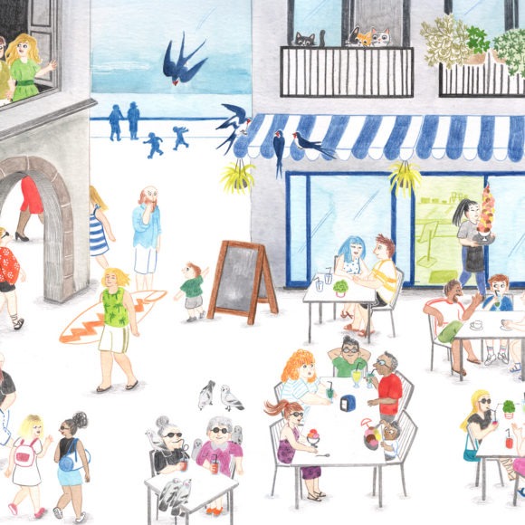 Ilustración de verano, ilustración veraniega, summer illustration, surf illustration, ice-cream, helados, tourists, coffee shop, cafetería, heladería, Mar Villar,