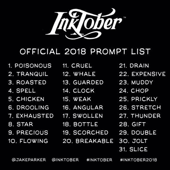 Inktober, Jake Parker, Inktober Official list, Inktober 2018 prompt official list, Inktober 2018,