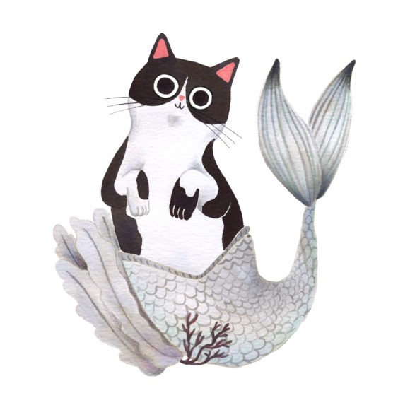 Ilustración de gato, Inktober, gato-sirena, retrato de gato