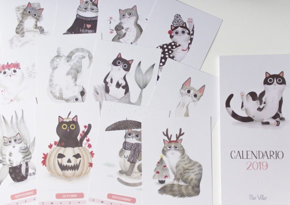 calendario 2019, calendario ilustrado 2019, calendario de gatos 2019, calendario de gatos, ilustración de gato, dibujo de gato, dibujo de gato a tinta