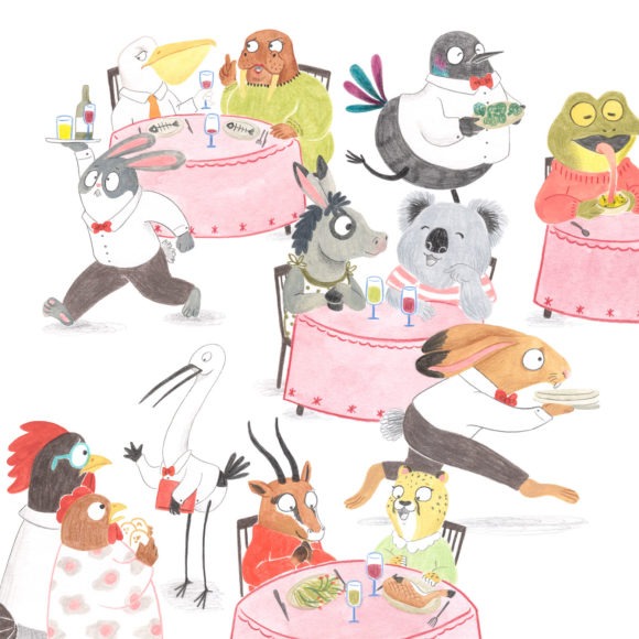 ilustracion infantil, album ilustrado, ilustracion para niños, ilustracion de animales, dibujo para niños, ilustracion de restaurante, Mar Villar, salon de restaurante,