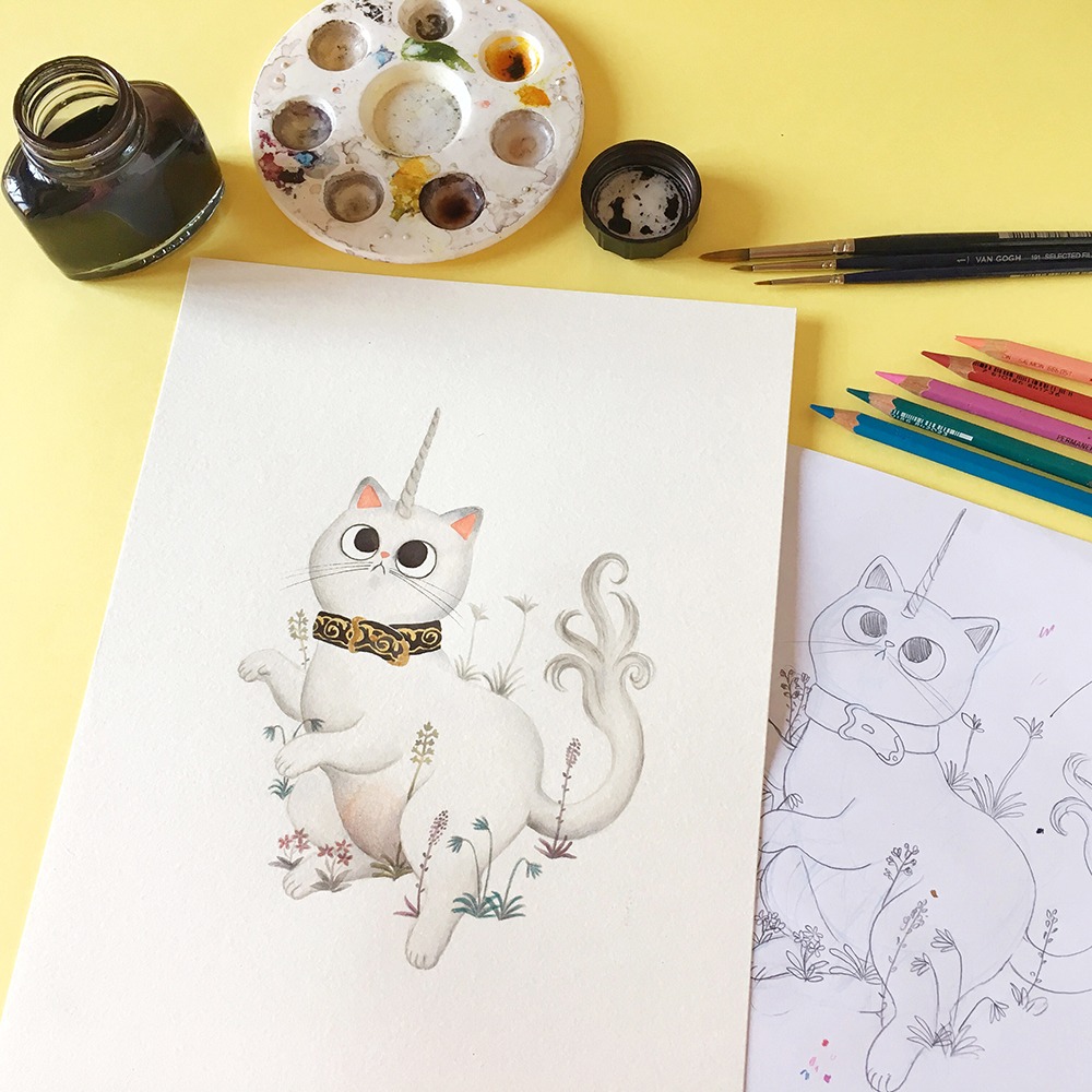 Inktober 2019, ilustración de gato, ilustración a tinta, gato unicornio, el unicornio en cautividad, historia del arte,
