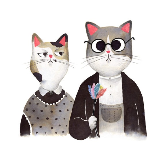 Inktober 2019, ilustración de gato, ilustración a tinta, historia del arte, American Gothic, Grant Wood,