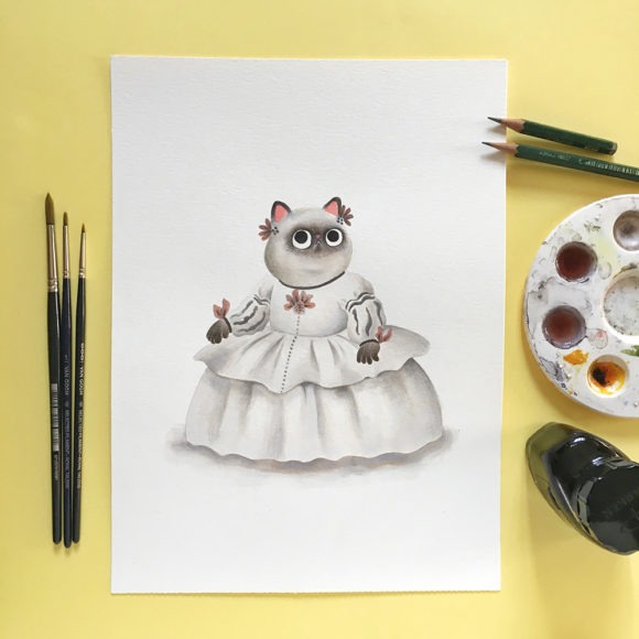 Inktober 2019, ilustración de gato, ilustración a tinta, historia del arte, Las Meninas, Diego de Velázquez, Museo del Prado,