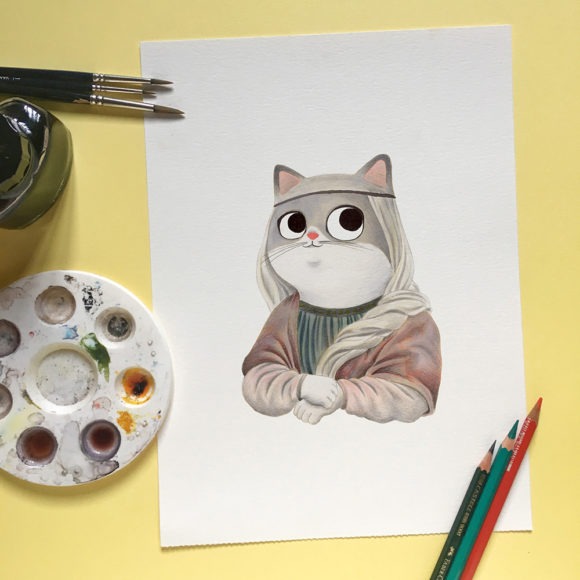 Inktober 2019, ilustración de gato, ilustración a tinta, historia del arte, La Gioconda, Mona Lisa, Louvre, Leonardo Da Vinci,