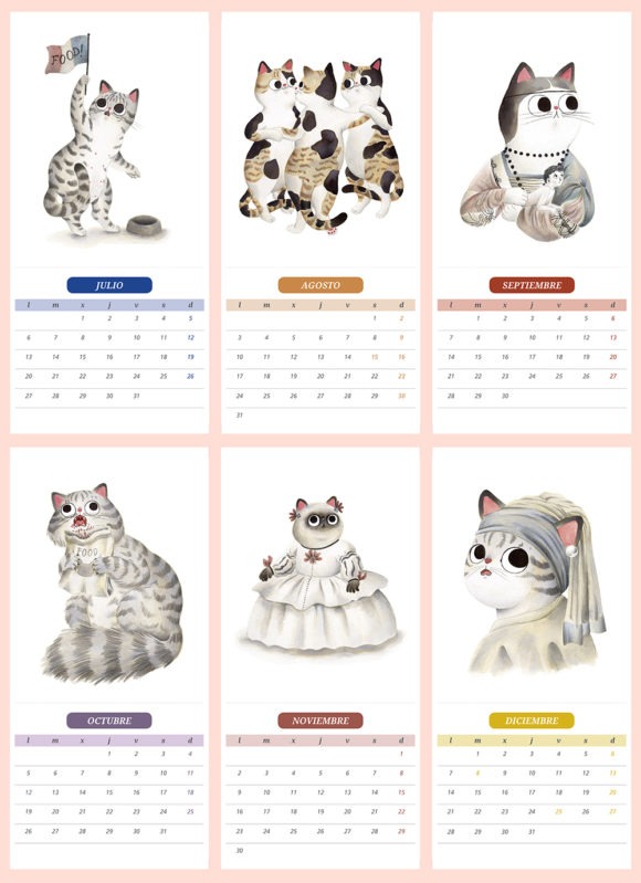 calendario 2020, calendario ilustrado 2020, calendario de gatos 2020, calendario de gatos, ilustración de gato, dibujo de gato, dibujo de gato a tinta, gatos y obras de arte,