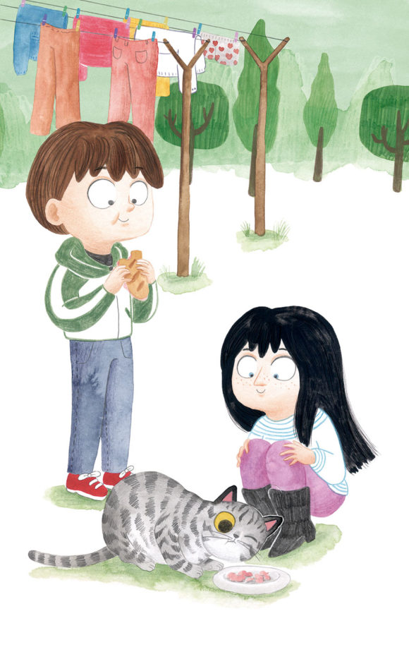 O misterio dos fillos de Lúa, SM, Xerme, El Barco de Vapor, serie naranja, Fina Casalderrey, ilustración de gatos, ilustración infantil, ilustración de gato comiendo,