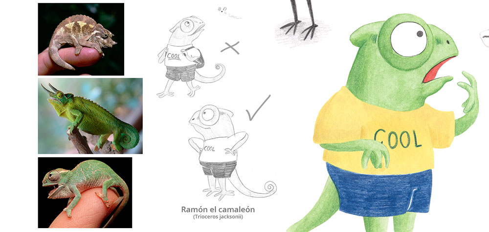 Julia y Paco, ilustración de camaleón, ilustración infantil, 