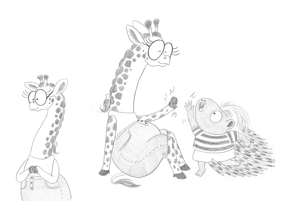 Julia & Paco, Beascoa, Begoña Oro, ilustración de animales, ilustración infantil, ilustración de animales africanos, ilustración de jirafa, diseño de personajes, estudio de personajes, bocetos de personajes,