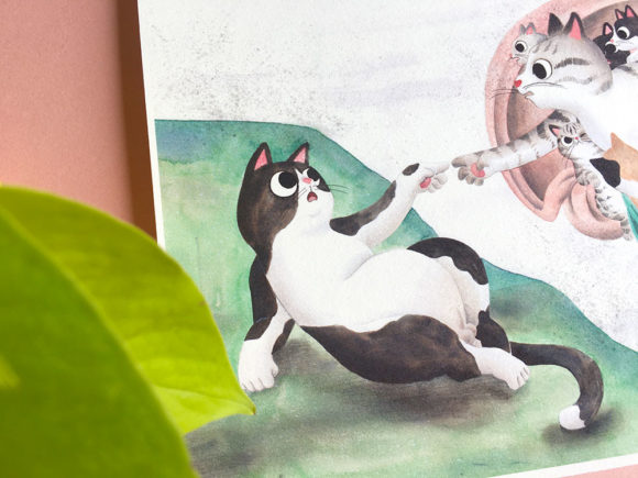 La creación de Adán, Miguel Ángel, ilustracion de gatos, comprar ilustracion de gatos,