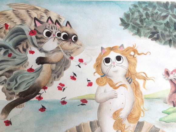 El Nacimiento de Venus, Botticelli, ilustracion de gatos, comprar ilustracion de gatos,