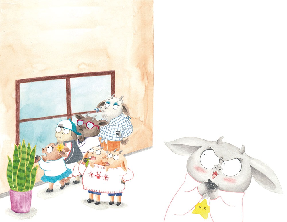 Ilustración interior para el libro infantil ilustrado ¡Menudo cabritillo! donde sale el Cabritillo con sus hermanos